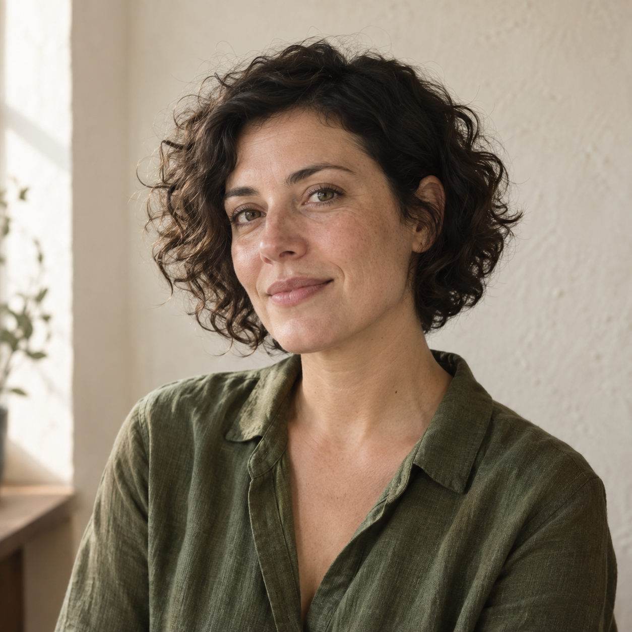 KI-generiertes Porträt der fiktiven Redaktionsfigur Lena Auer, mit dunklen Locken und grünem Hemd